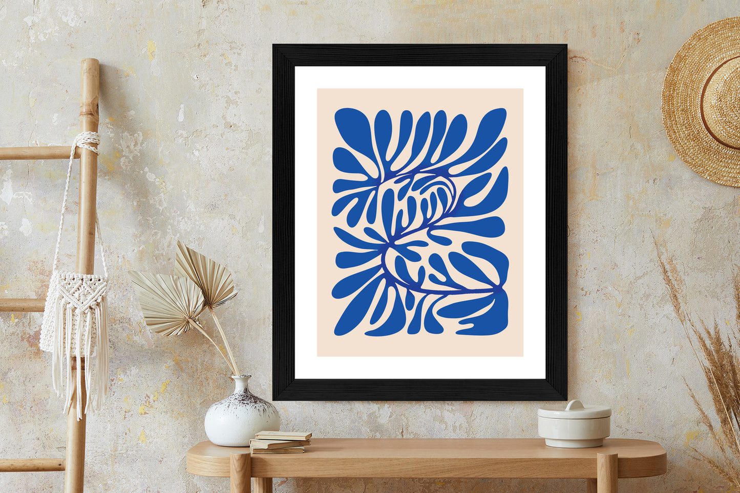 Poster Minimalistisches Blaues Pflanzenmuster Rahmen Holz Mit Passepartout Farbe Natürlich