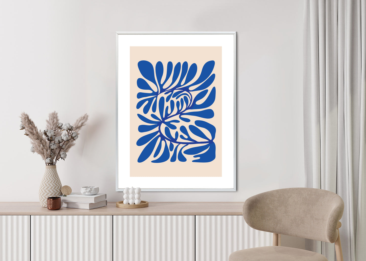 Poster Minimalistisches Blaues Pflanzenmuster Rahmen Holz Mit Passepartout Farbe Natürlich