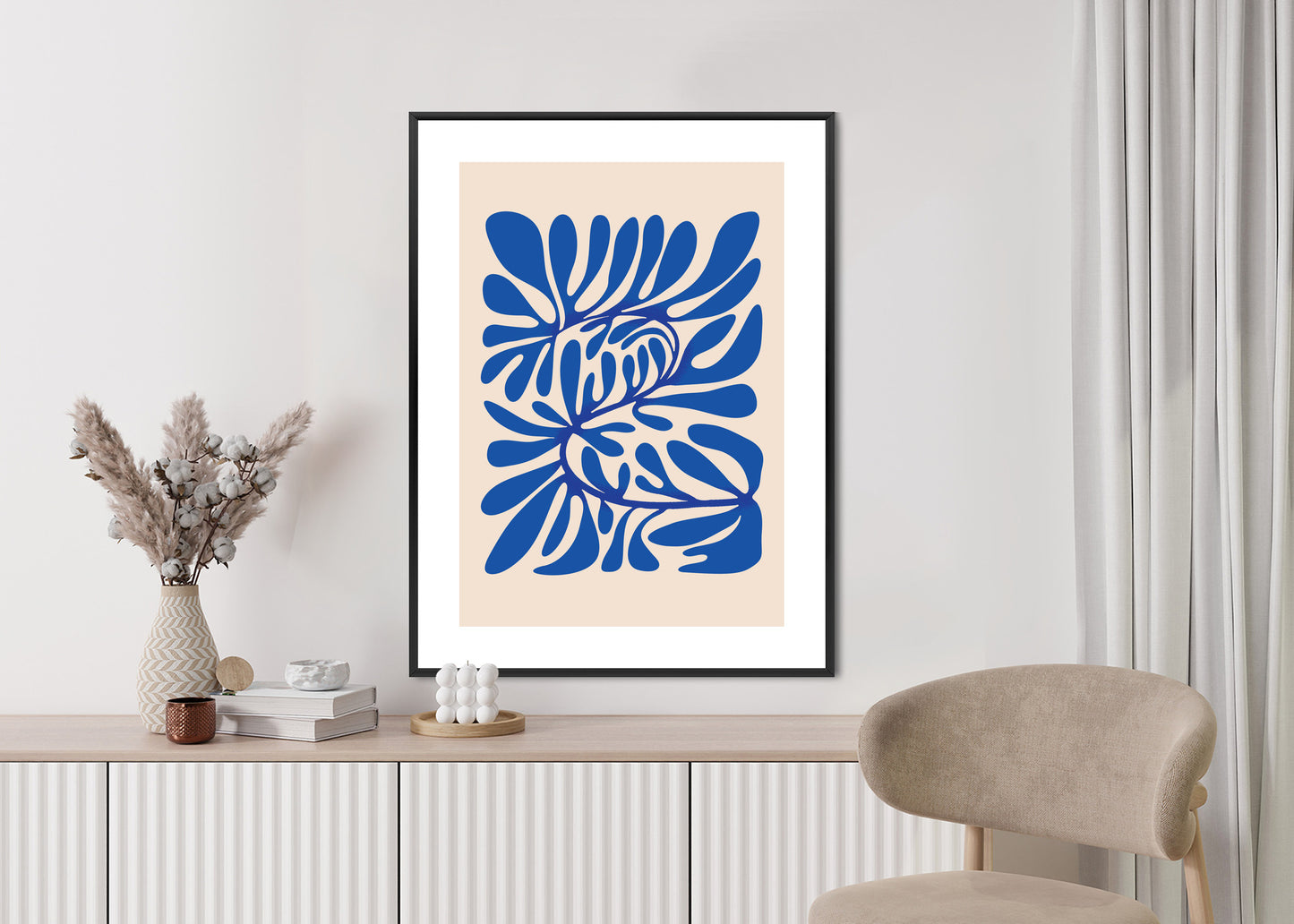 Poster Minimalistisches Blaues Pflanzenmuster Rahmen Holz Mit Passepartout Farbe Natürlich