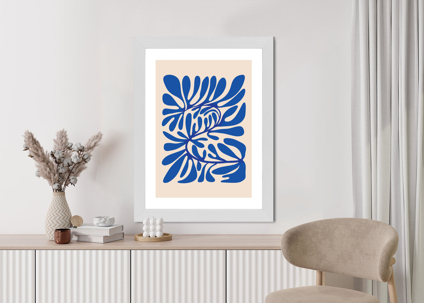 Poster Minimalistisches Blaues Pflanzenmuster Rahmen Holz Mit Passepartout Farbe Natürlich