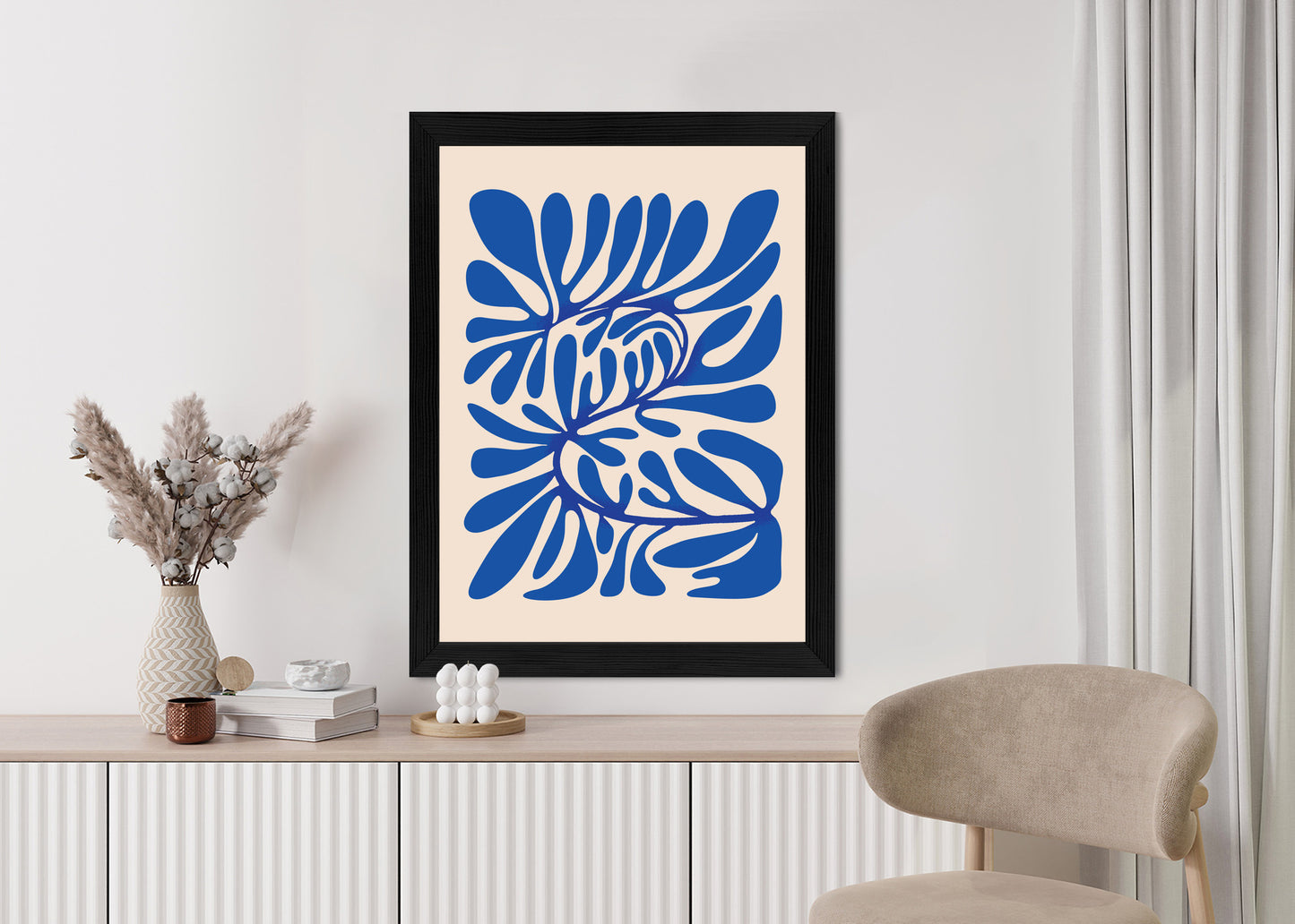 Poster Minimalistisches Blaues Pflanzenmuster Rahmen Holz Mit Passepartout Farbe Natürlich