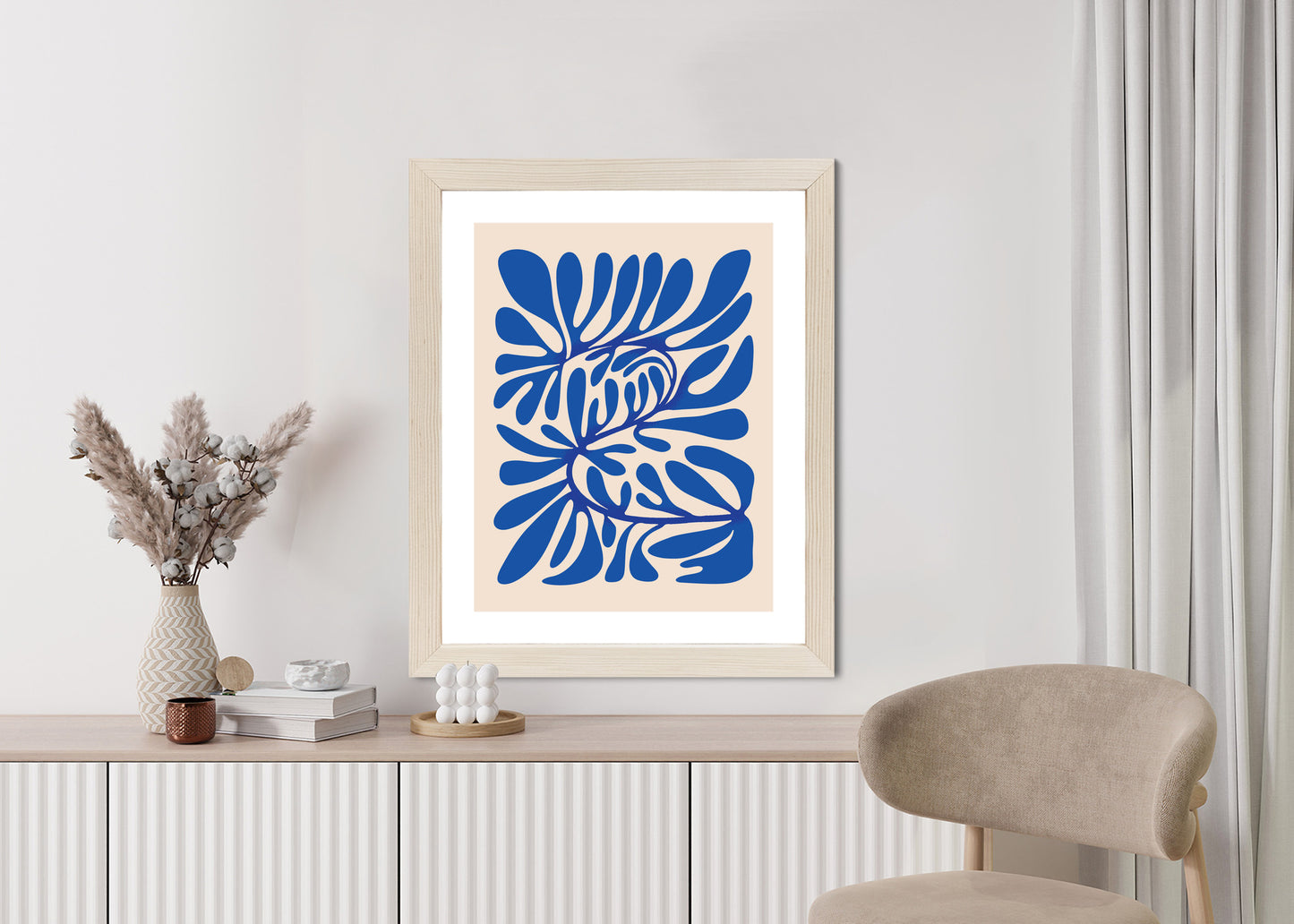 Poster Minimalistisches Blaues Pflanzenmuster Rahmen Holz Mit Passepartout Farbe Natürlich