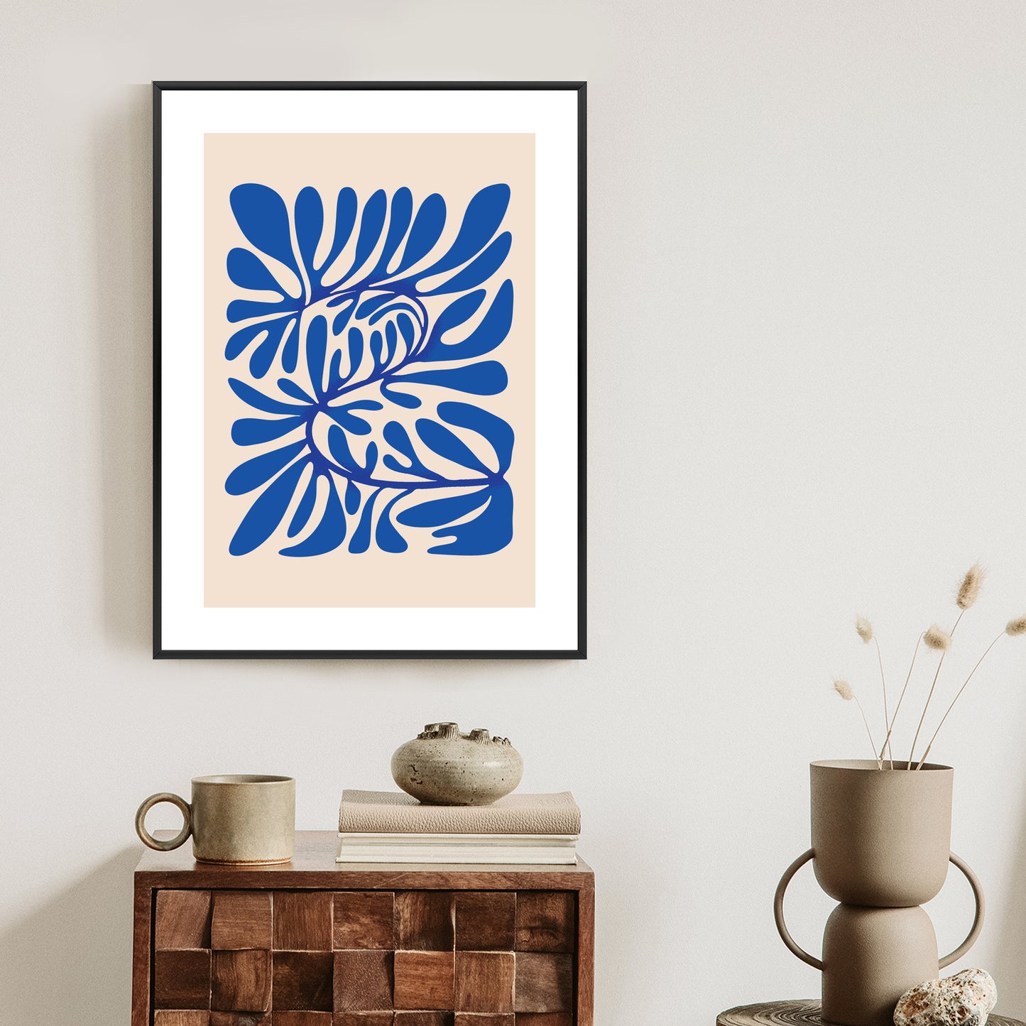 Poster Minimalistisches Blaues Pflanzenmuster Rahmen Holz Mit Passepartout Farbe Natürlich