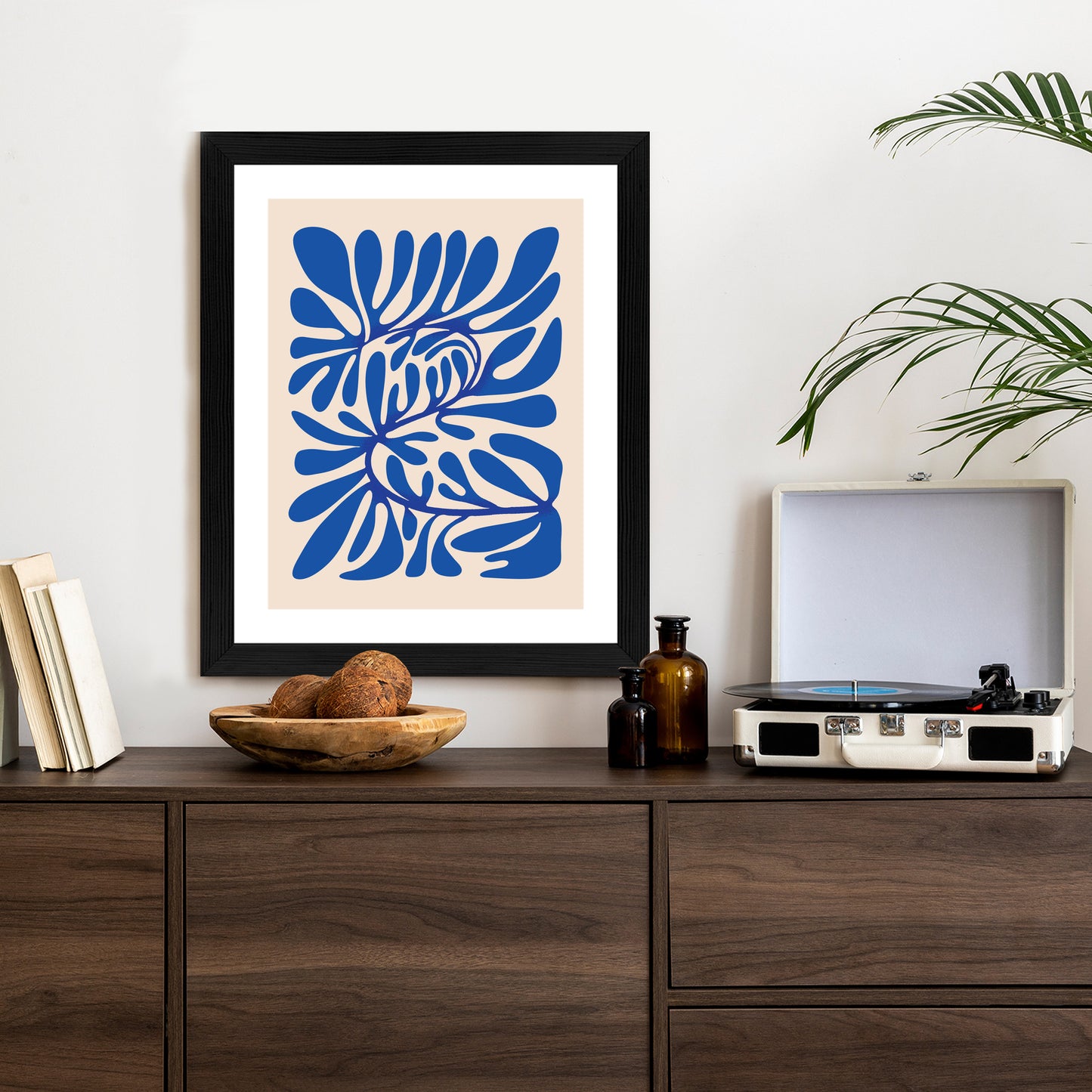 Poster Minimalistisches Blaues Pflanzenmuster Rahmen Holz Mit Passepartout Farbe Natürlich