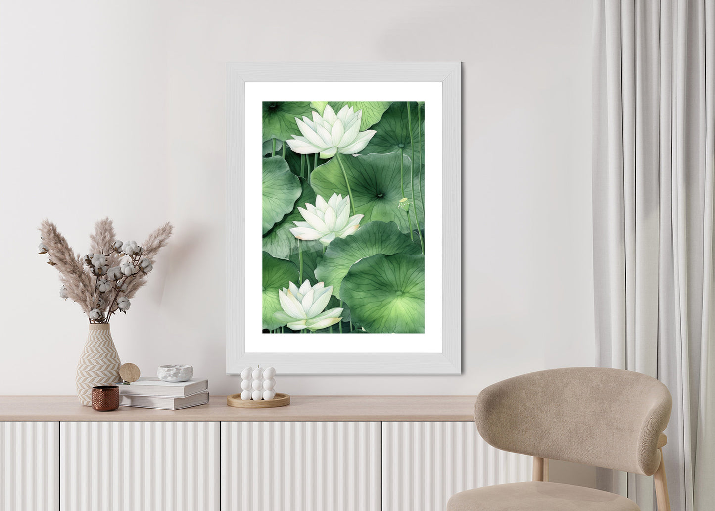 Poster Lotusblume Zwischen Grünen Blättern Rahmen Holz Mit Passepartout Farbe Natürlich