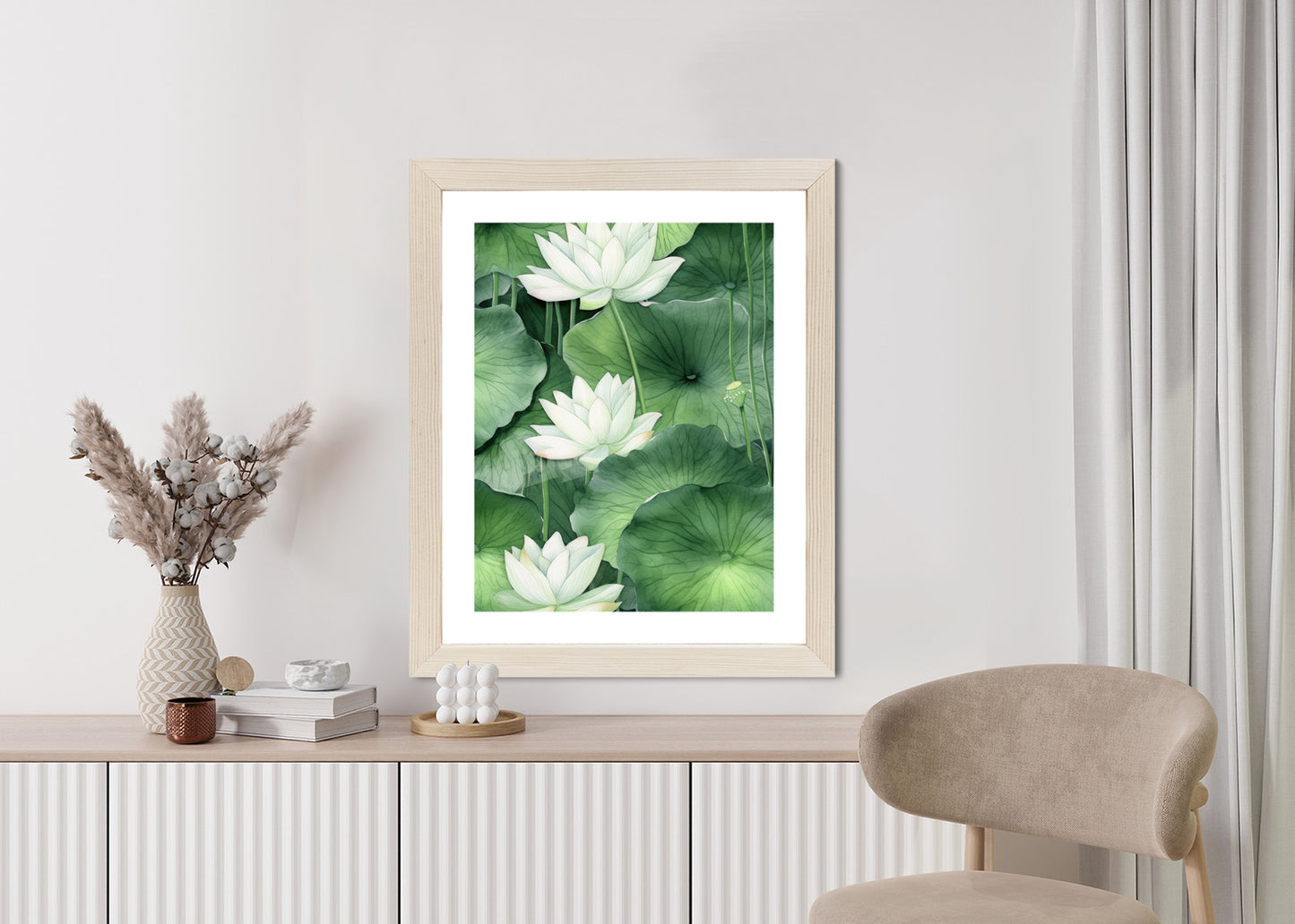 Poster Lotusblume Zwischen Grünen Blättern Rahmen Holz Mit Passepartout Farbe Natürlich