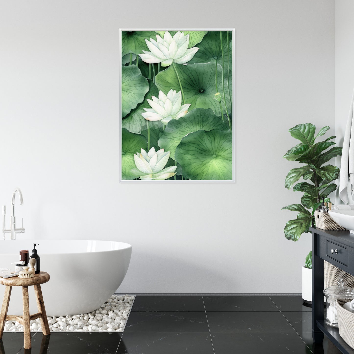 Poster Lotusblume Zwischen Grünen Blättern Rahmen Holz Mit Passepartout Farbe Natürlich