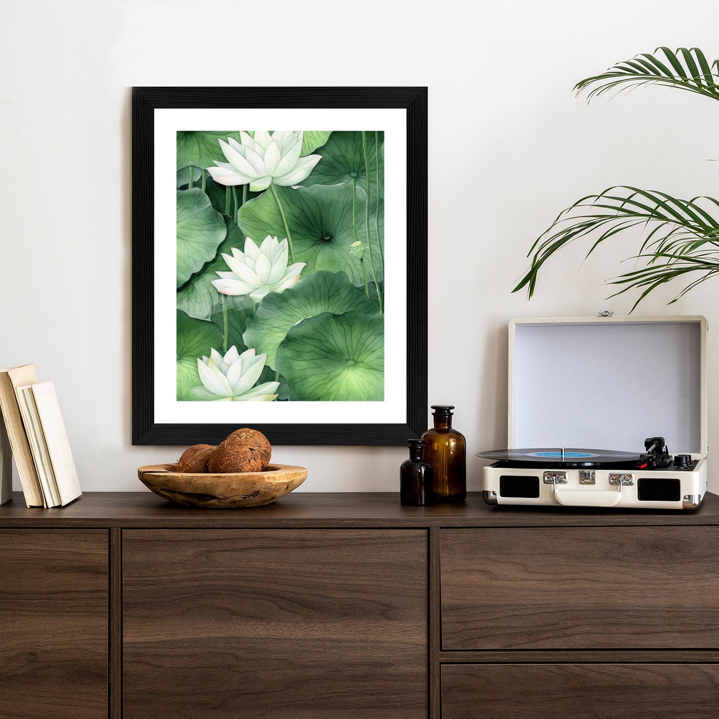 Poster Lotusblume Zwischen Grünen Blättern Rahmen Holz Mit Passepartout Farbe Natürlich
