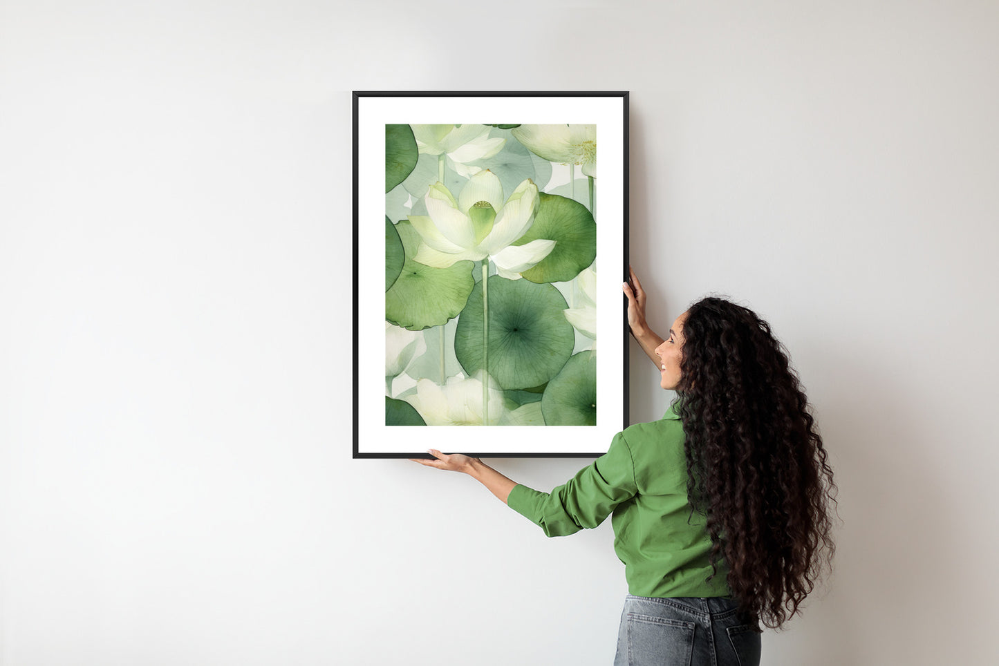 Poster Weiße Lotusblume Und Grüne Blätter Aquarell Rahmen Holz Mit Passepartout Farbe Natürlich
