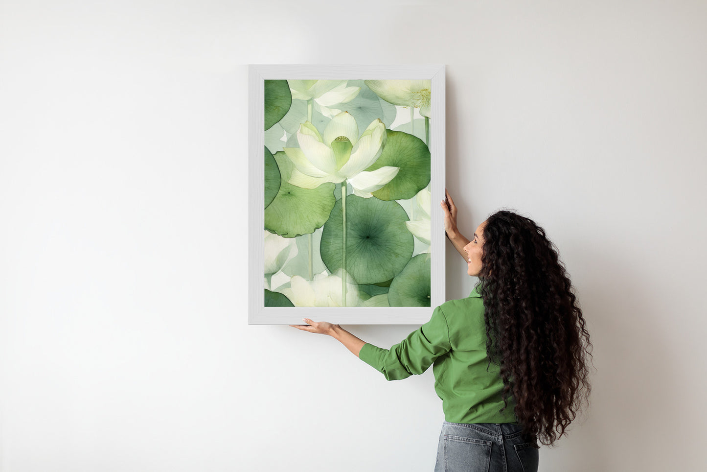 Poster Weiße Lotusblume Und Grüne Blätter Aquarell Rahmen Holz Mit Passepartout Farbe Natürlich