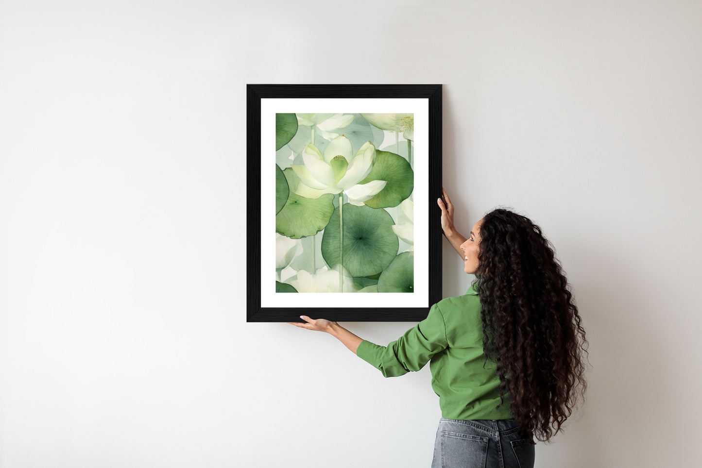 Poster Weiße Lotusblume Und Grüne Blätter Aquarell Rahmen Holz Mit Passepartout Farbe Natürlich