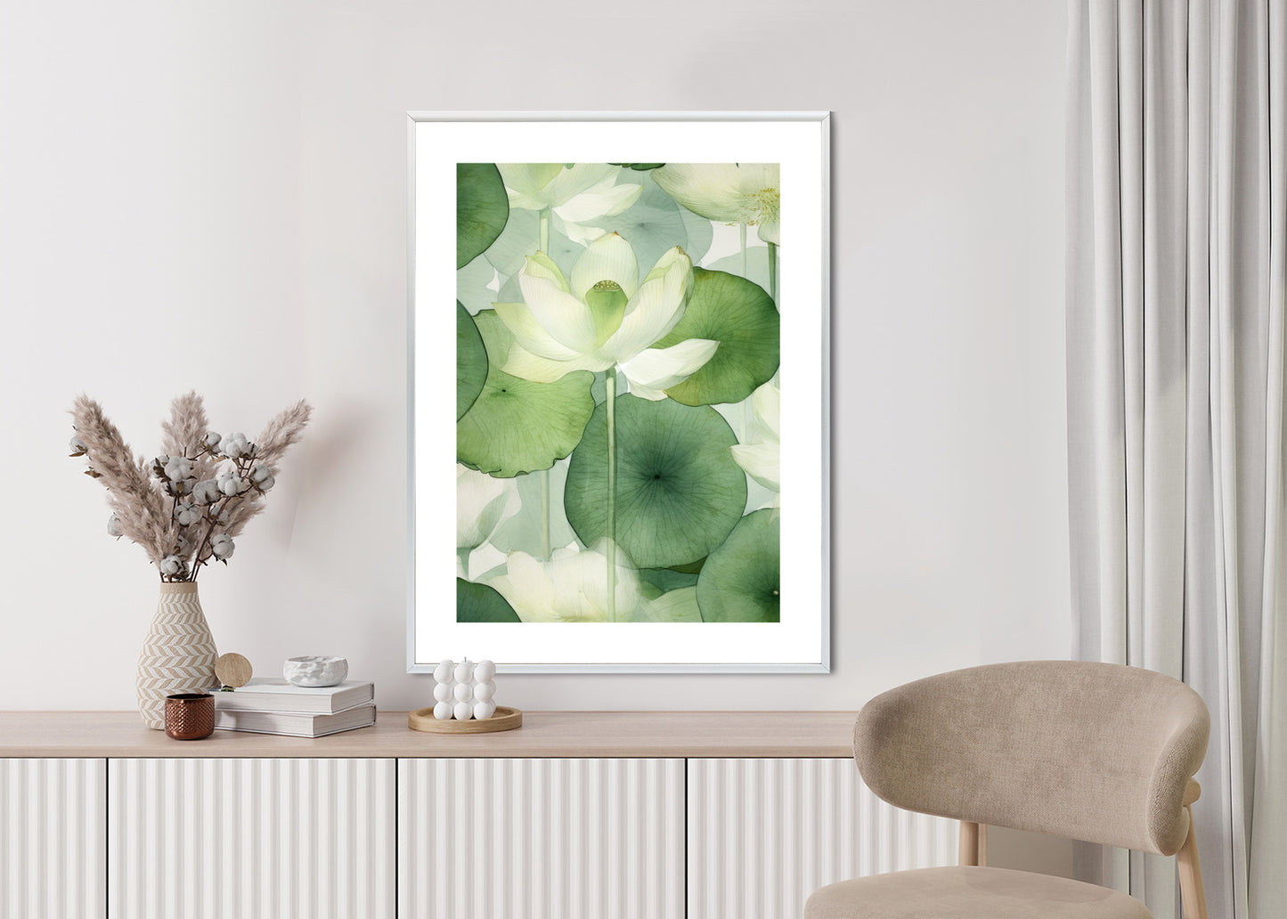 Poster Weiße Lotusblume Und Grüne Blätter Aquarell Rahmen Holz Mit Passepartout Farbe Natürlich