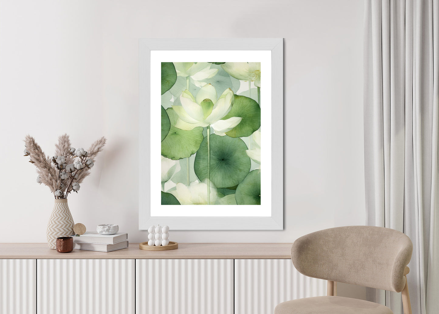 Poster Weiße Lotusblume Und Grüne Blätter Aquarell Rahmen Holz Mit Passepartout Farbe Natürlich