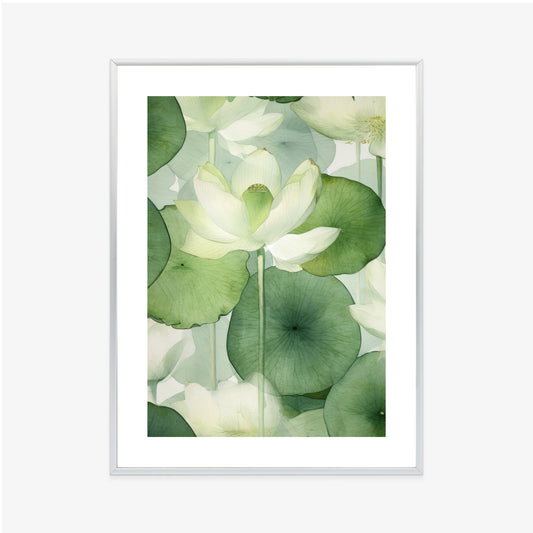 Poster Weiße Lotusblume Und Grüne Blätter Aquarell Rahmen Holz Mit Passepartout Farbe Natürlich