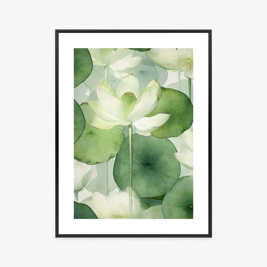 Poster Weiße Lotusblume Und Grüne Blätter Aquarell Rahmen Holz Mit Passepartout Farbe Natürlich