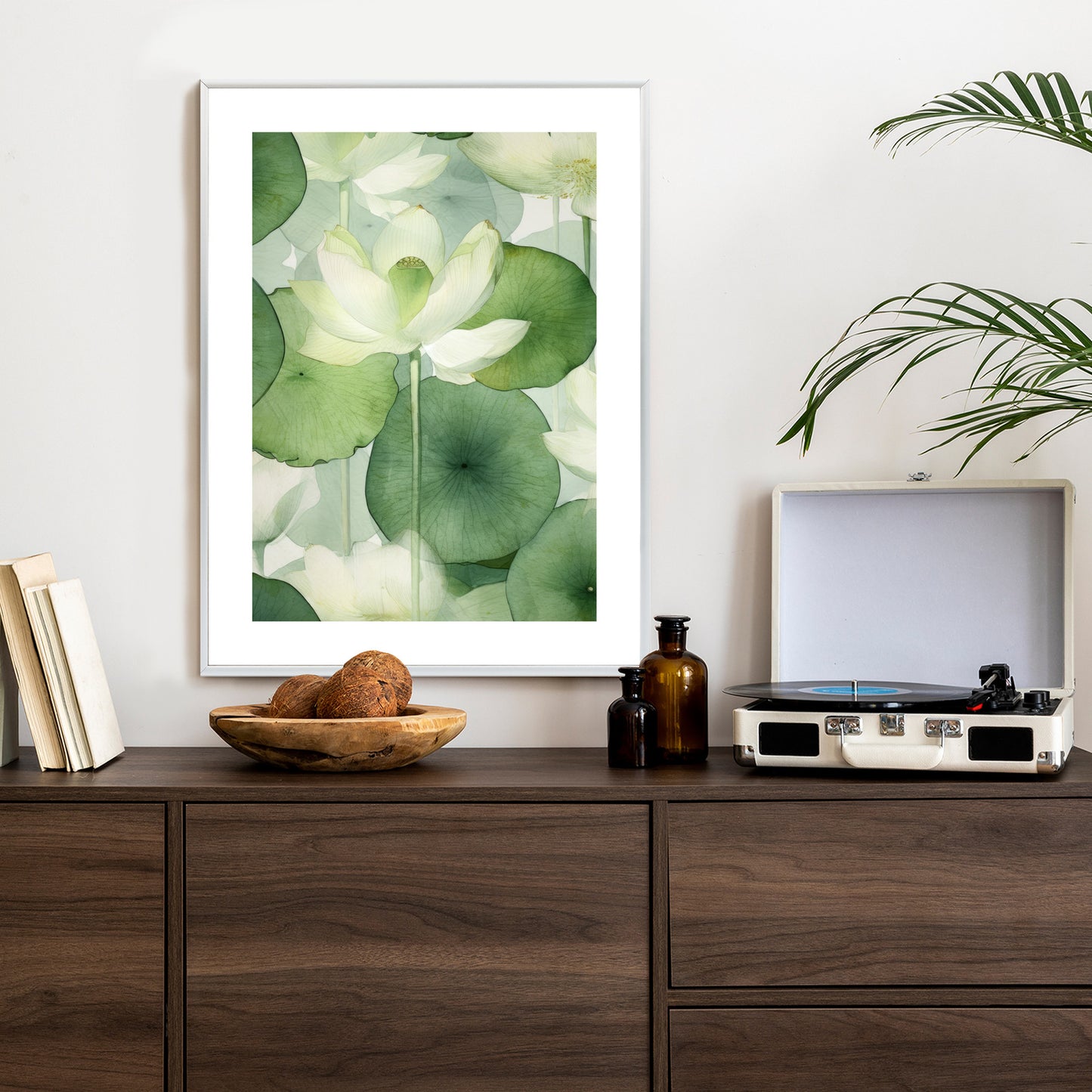 Poster Weiße Lotusblume Und Grüne Blätter Aquarell Rahmen Holz Mit Passepartout Farbe Natürlich