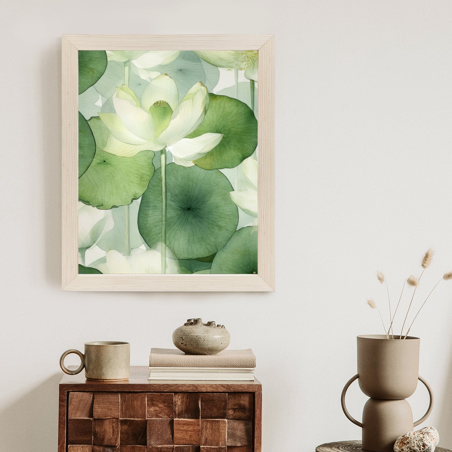 Poster Weiße Lotusblume Und Grüne Blätter Aquarell Rahmen Holz Mit Passepartout Farbe Natürlich