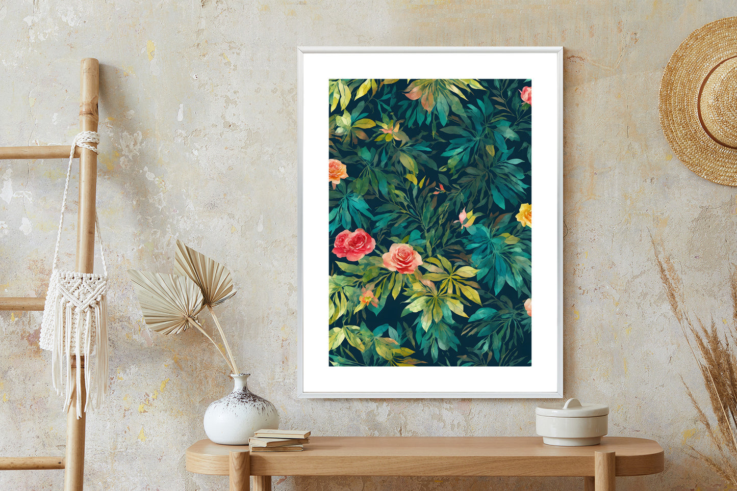 Poster Aquarell Wildrosen Rahmen Holz Mit Passepartout Farbe Natürlich