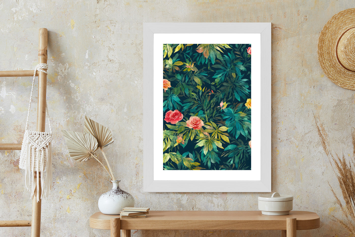 Poster Aquarell Wildrosen Rahmen Holz Mit Passepartout Farbe Natürlich