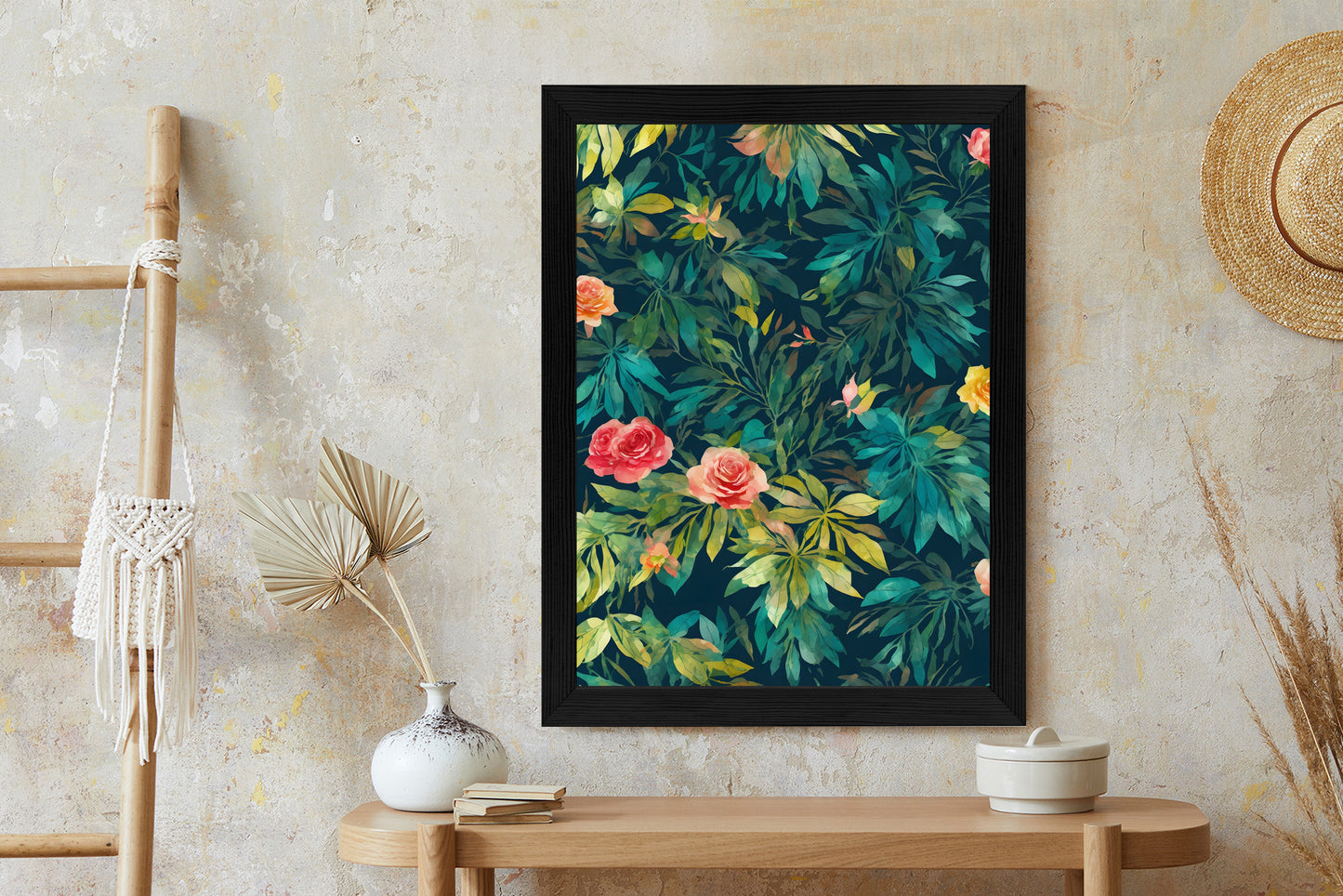Poster Aquarell Wildrosen Rahmen Holz Mit Passepartout Farbe Natürlich