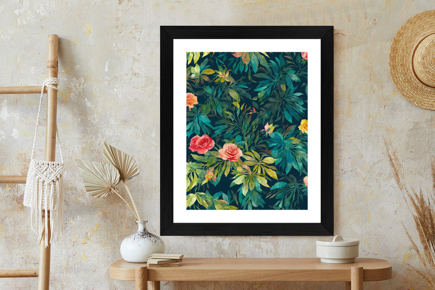 Poster Aquarell Wildrosen Rahmen Holz Mit Passepartout Farbe Natürlich