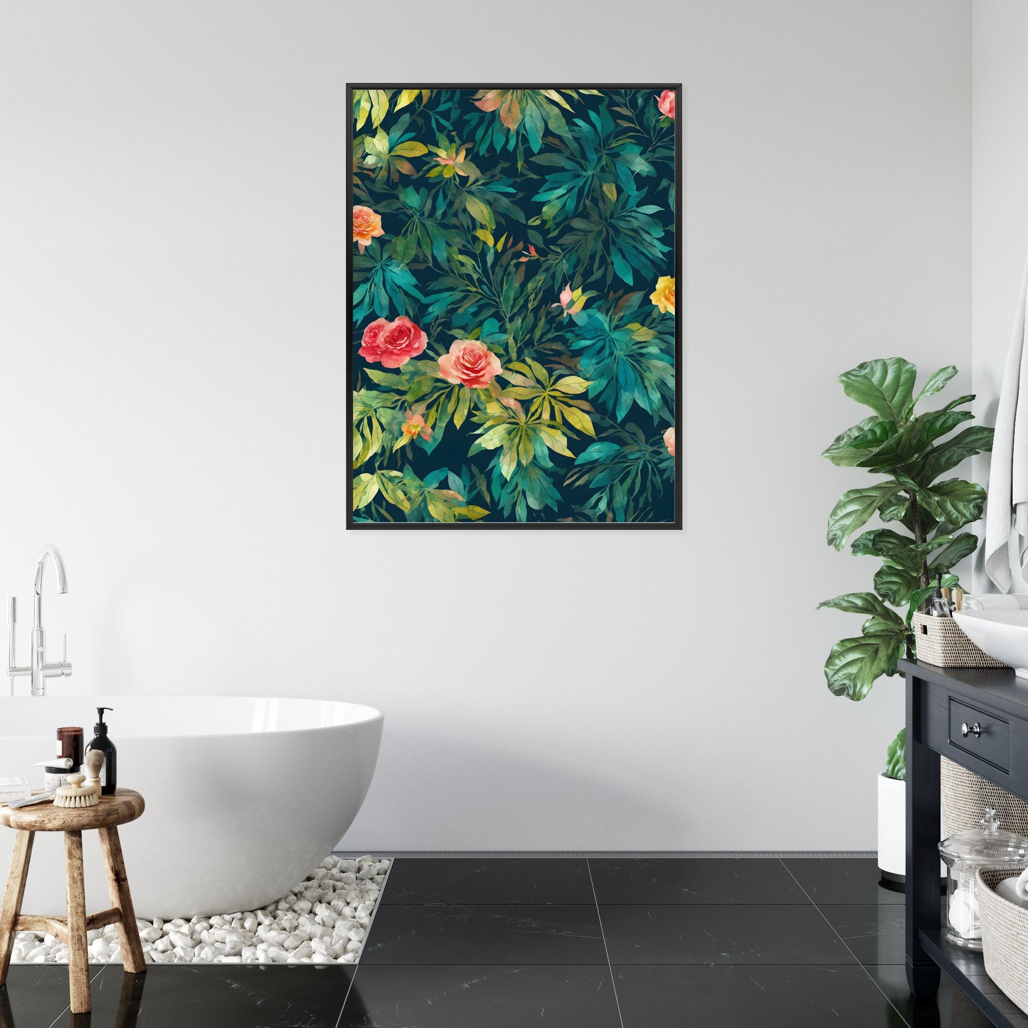 Poster Aquarell Wildrosen Rahmen Holz Mit Passepartout Farbe Natürlich