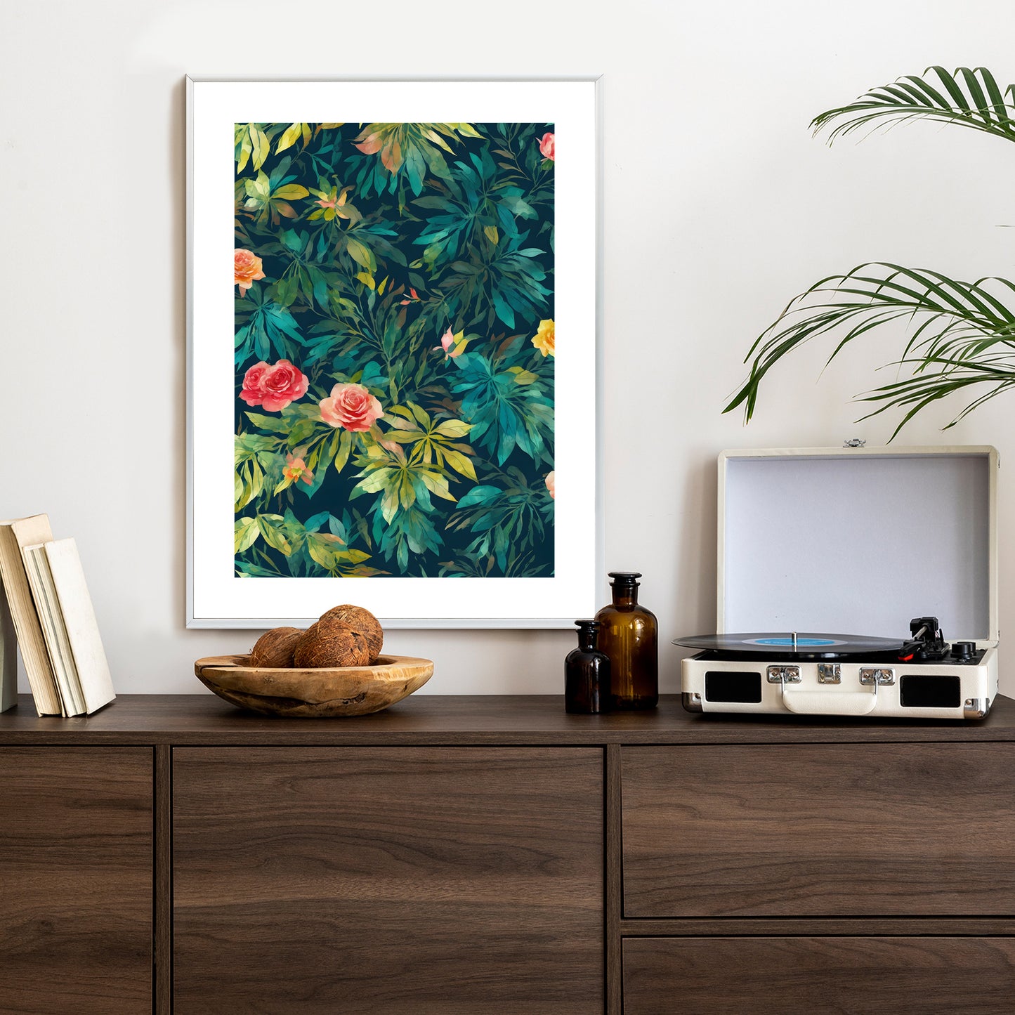 Poster Aquarell Wildrosen Rahmen Holz Mit Passepartout Farbe Natürlich