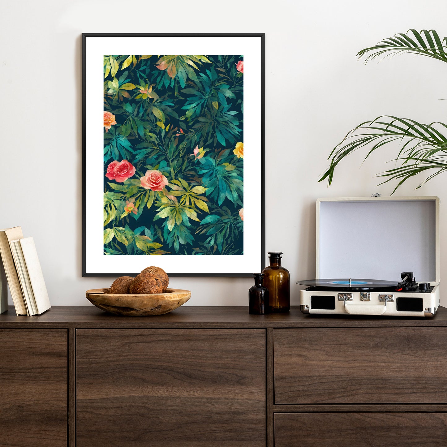 Poster Aquarell Wildrosen Rahmen Holz Mit Passepartout Farbe Natürlich