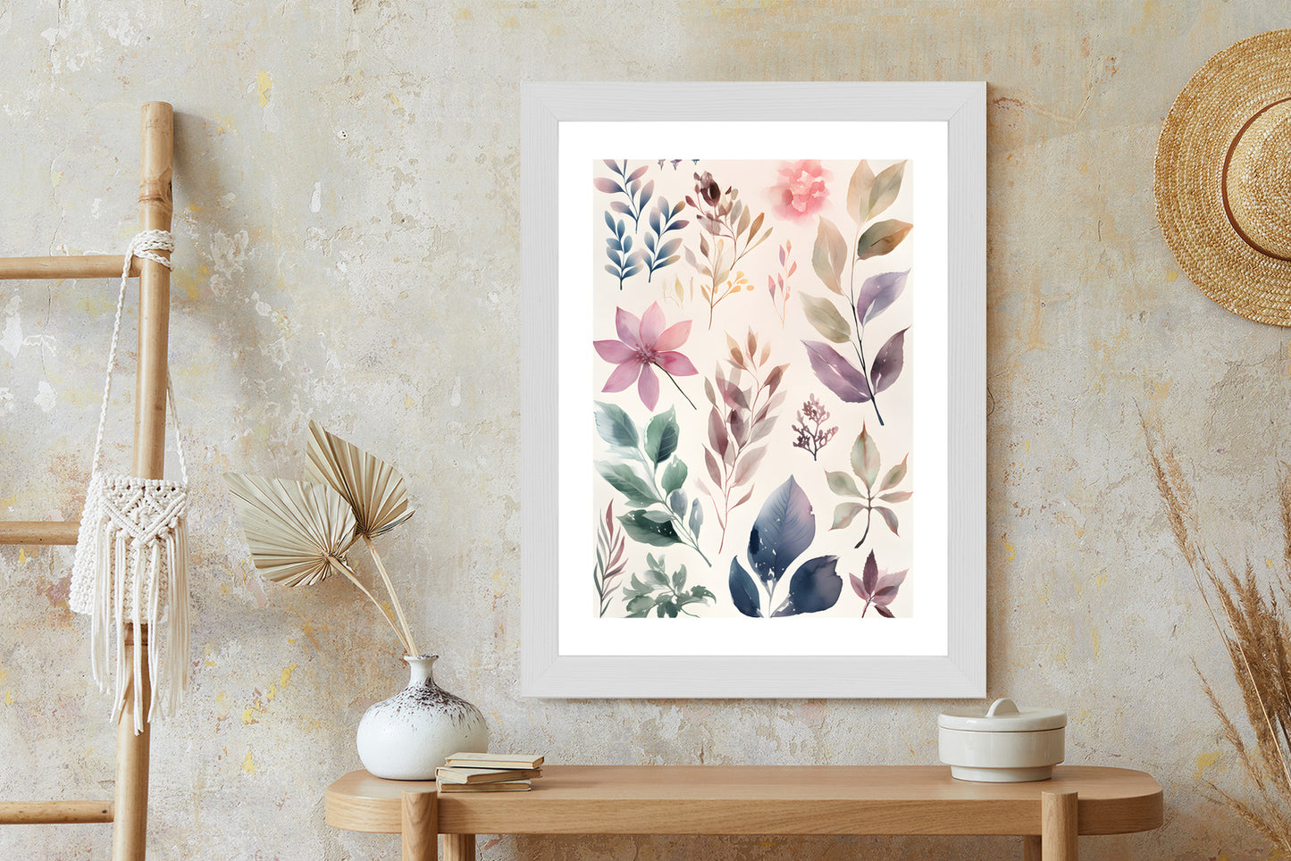 Poster Bunte Blätter Mit Aquarell Bemalt Rahmen Holz Mit Passepartout Farbe Natürlich