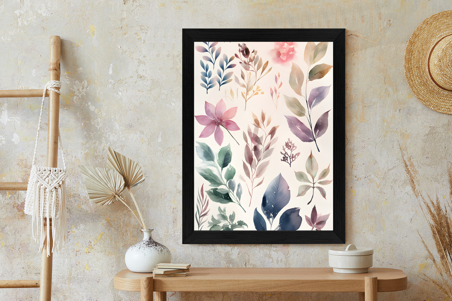 Poster Bunte Blätter Mit Aquarell Bemalt Rahmen Holz Mit Passepartout Farbe Natürlich