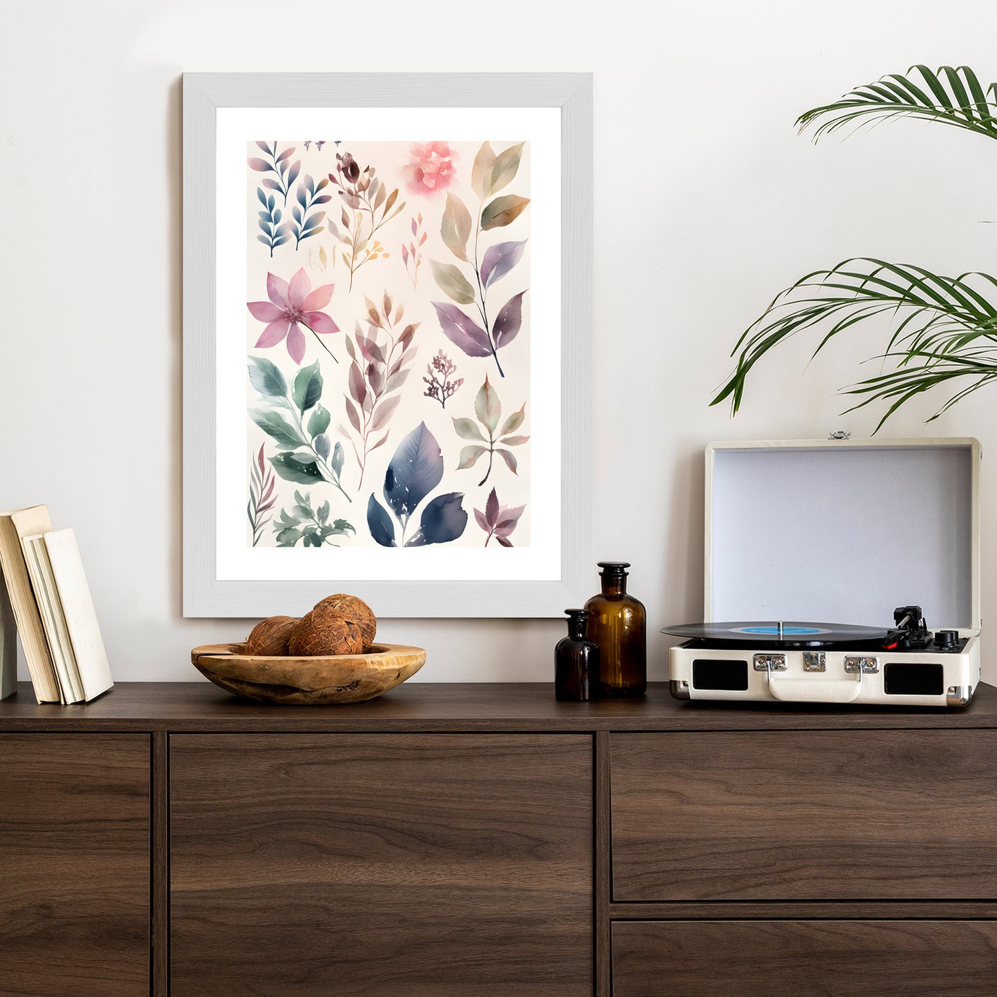 Poster Bunte Blätter Mit Aquarell Bemalt Rahmen Holz Mit Passepartout Farbe Natürlich