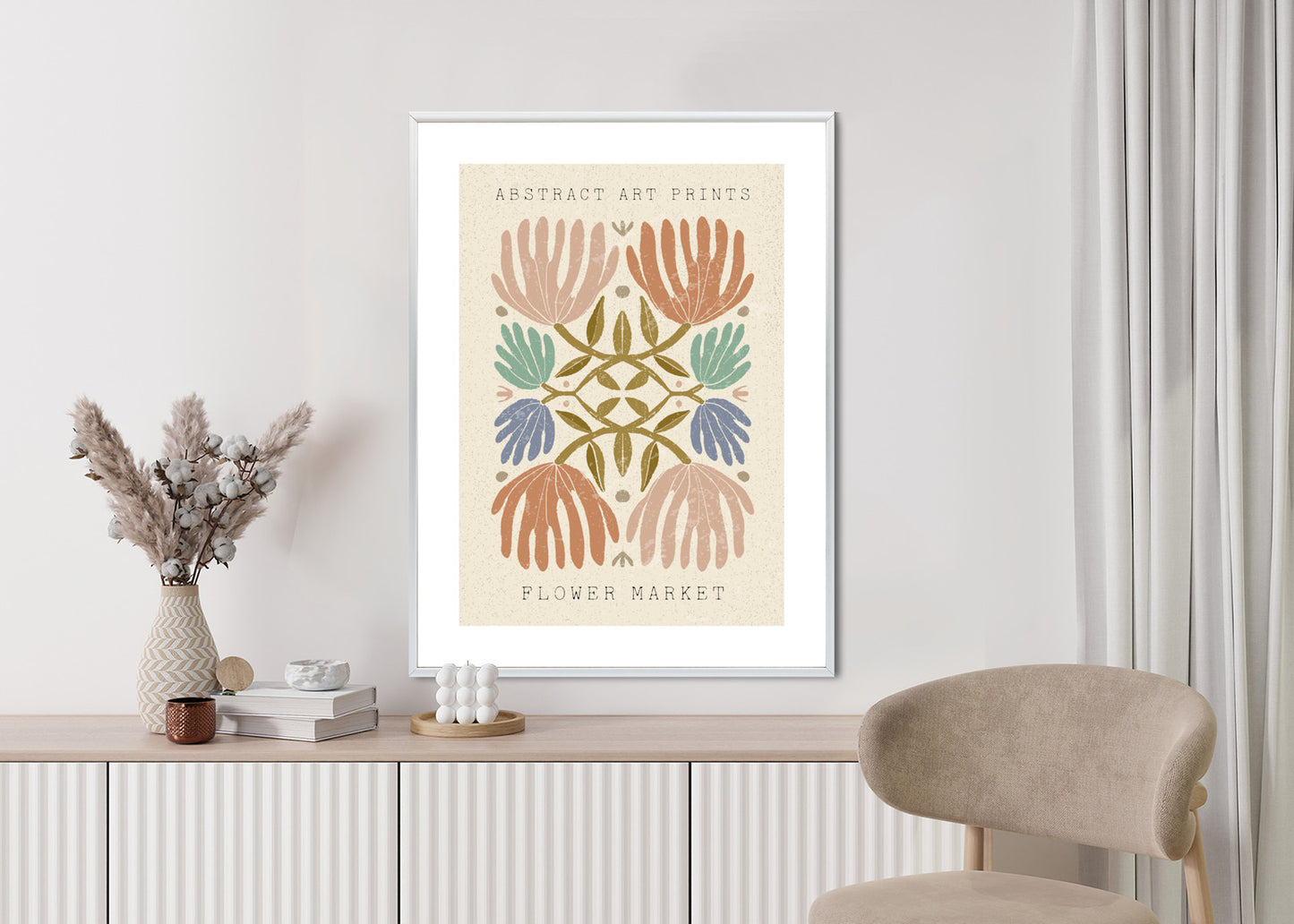 Poster Minimalistische Bunte Boho-Blumen Rahmen Holz Mit Passepartout Farbe Natürlich