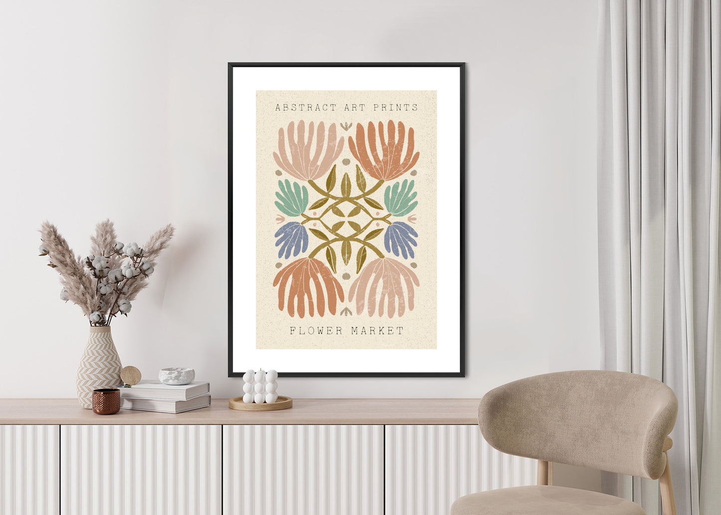 Poster Minimalistische Bunte Boho-Blumen Rahmen Holz Mit Passepartout Farbe Natürlich