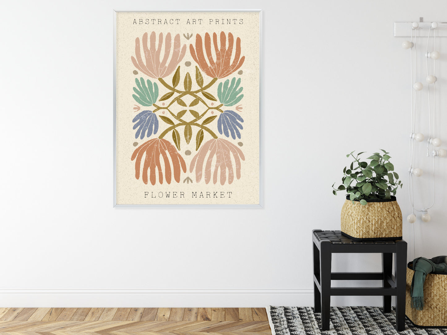 Poster Minimalistische Bunte Boho-Blumen Rahmen Holz Mit Passepartout Farbe Natürlich