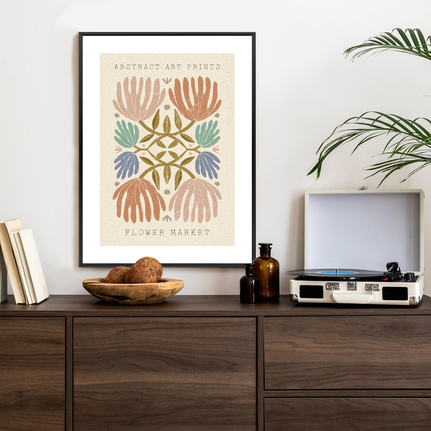 Poster Minimalistische Bunte Boho-Blumen Rahmen Holz Mit Passepartout Farbe Natürlich