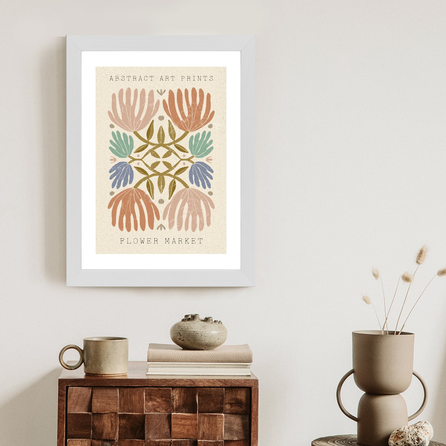 Poster Minimalistische Bunte Boho-Blumen Rahmen Holz Mit Passepartout Farbe Natürlich