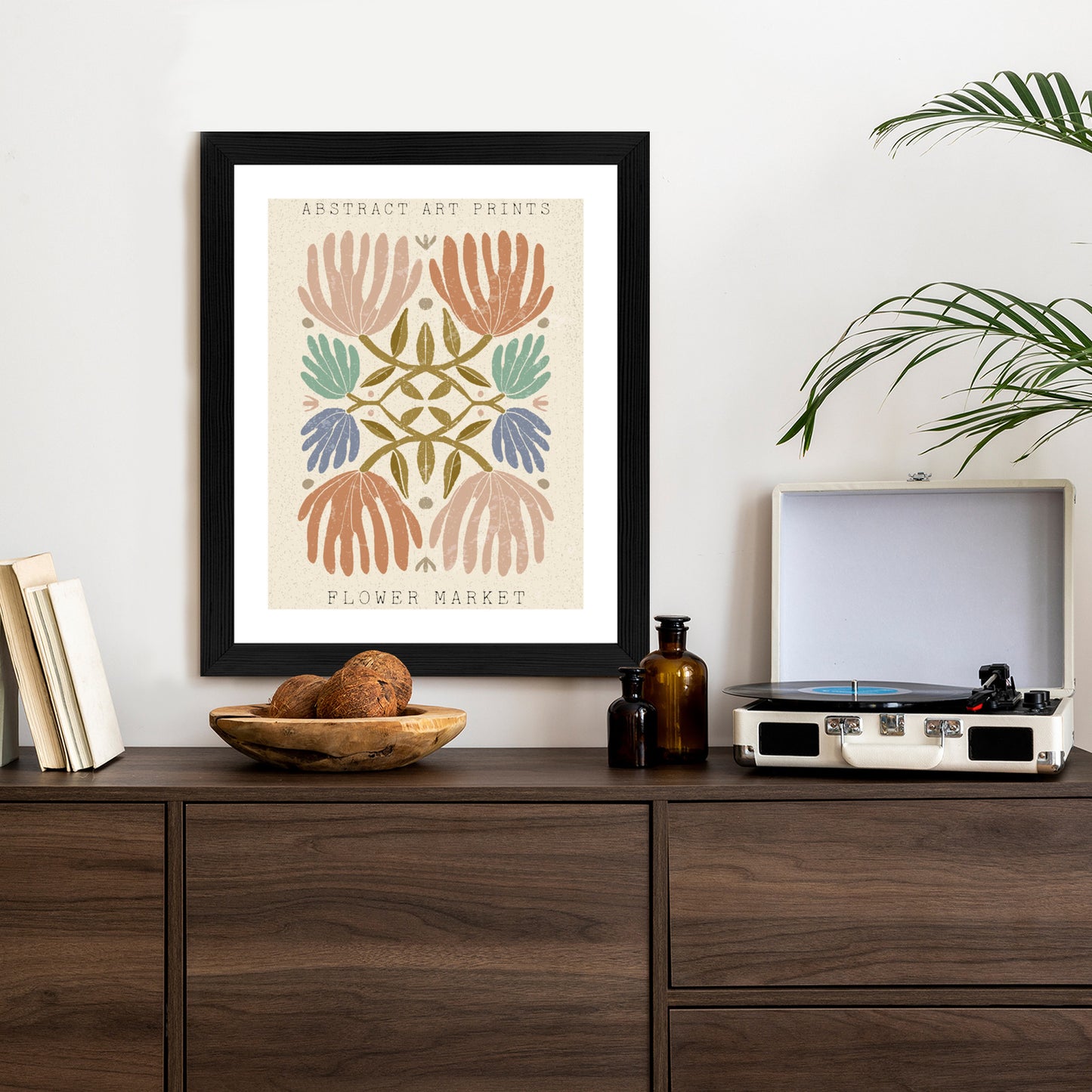 Poster Minimalistische Bunte Boho-Blumen Rahmen Holz Mit Passepartout Farbe Natürlich