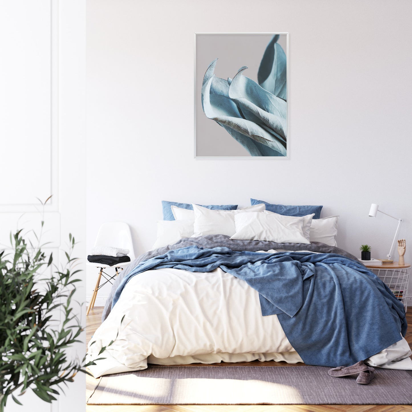 Poster Blaue Blätter Auf Grauem Hintergrund