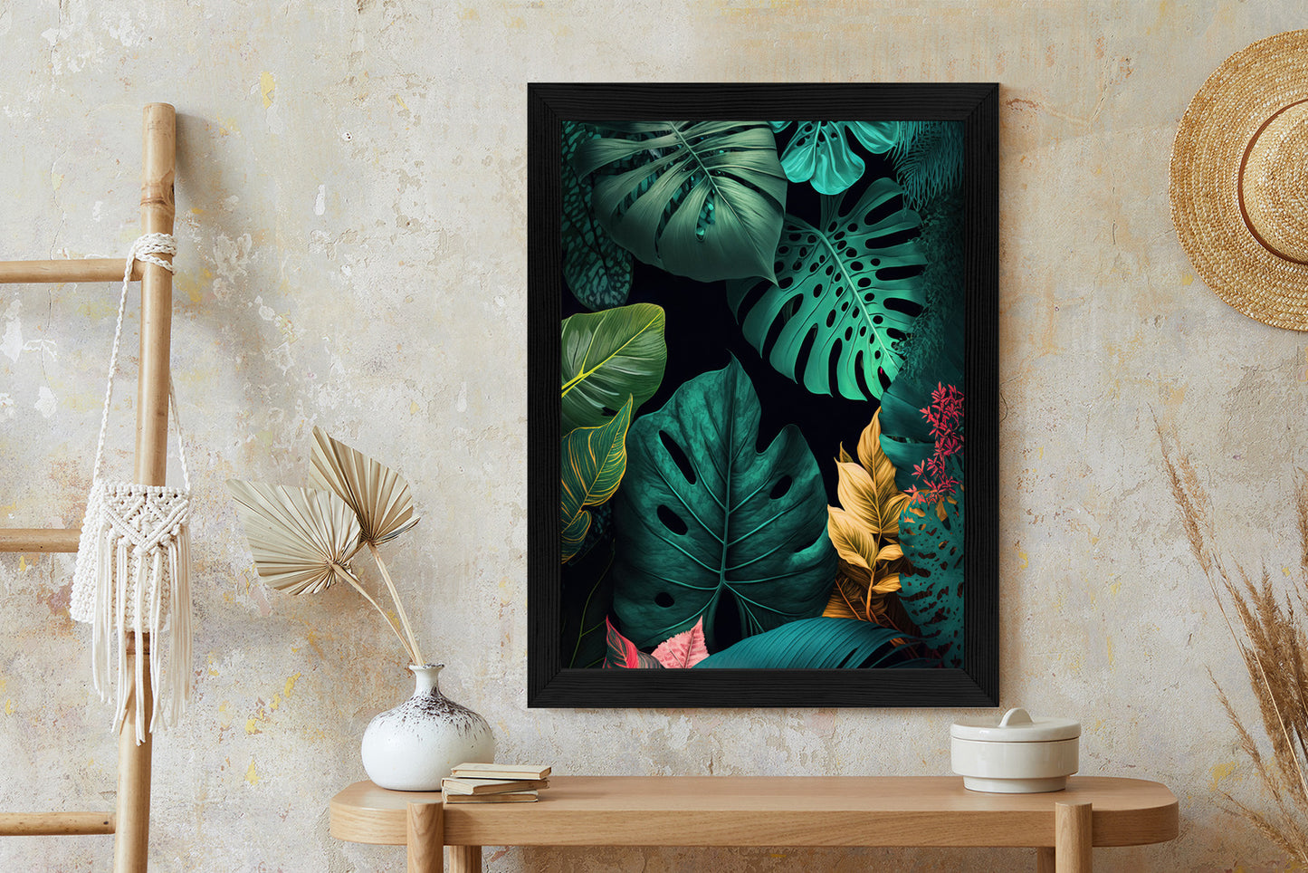 Poster Große Tropische Blätter Auf Schwarzem Hintergrund