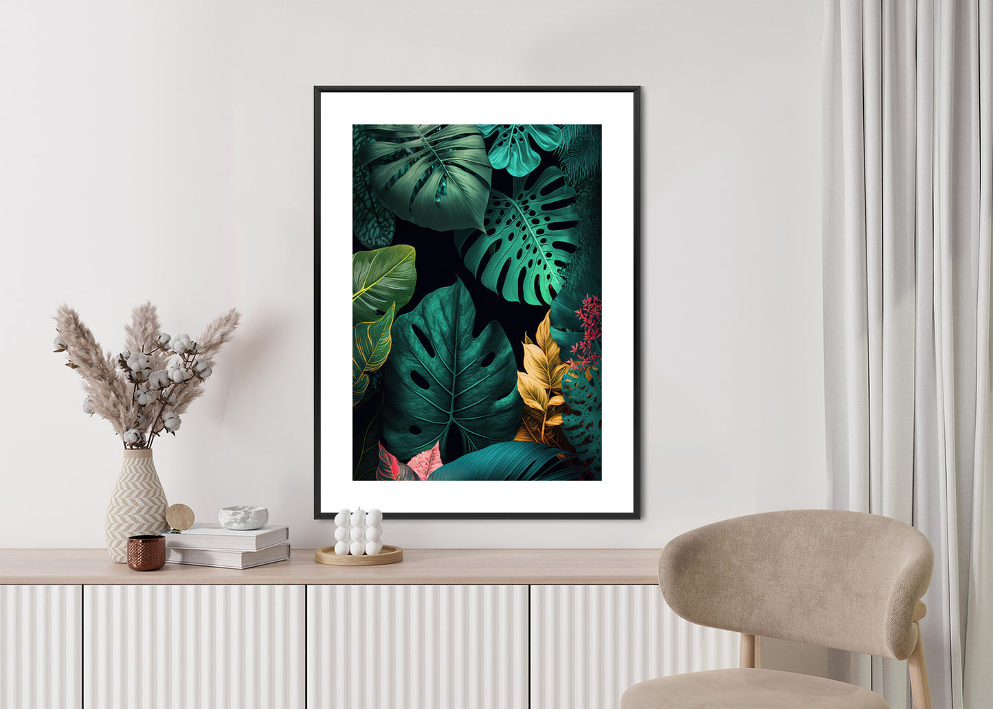 Poster Große Tropische Blätter Auf Schwarzem Hintergrund