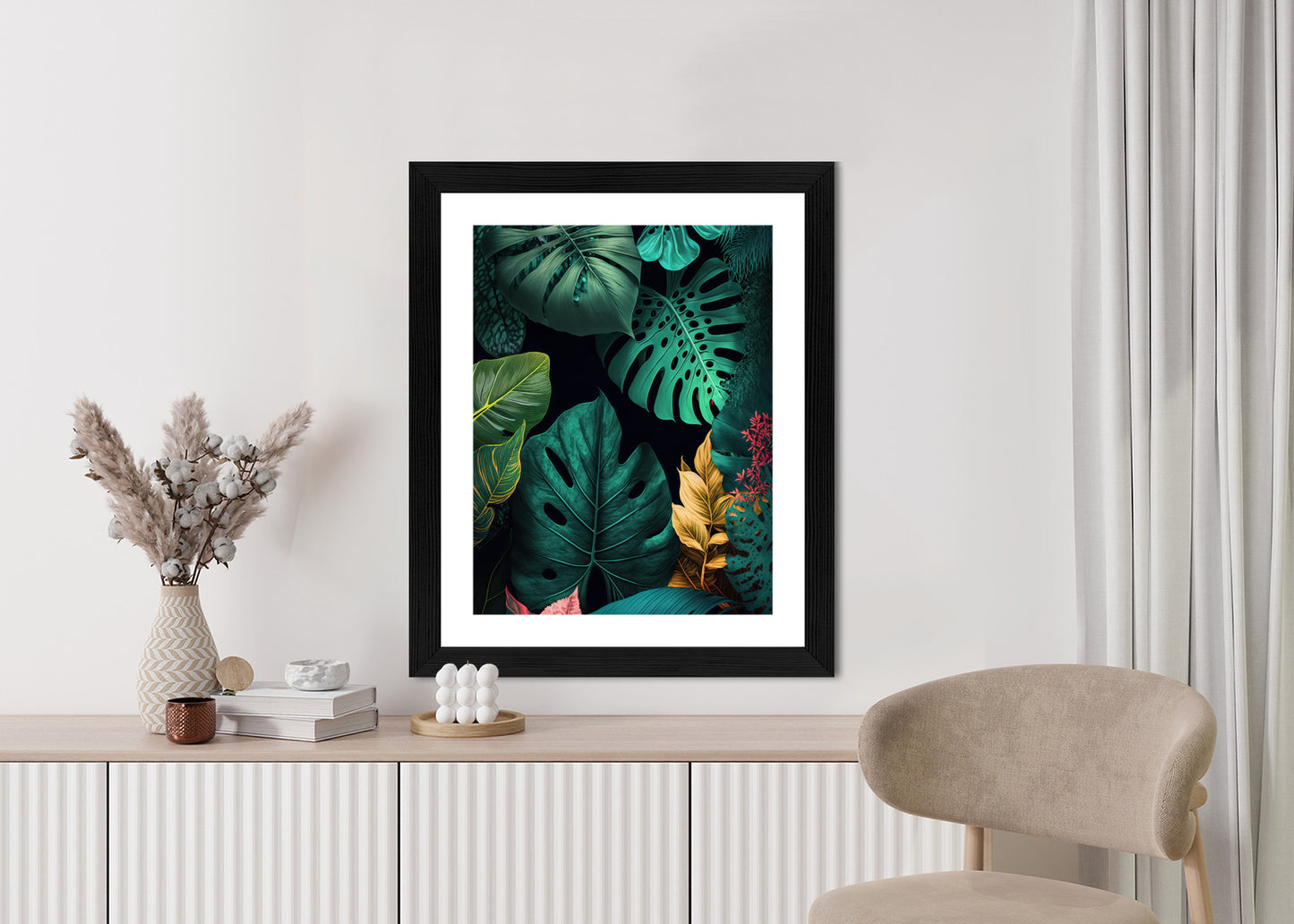 Poster Große Tropische Blätter Auf Schwarzem Hintergrund