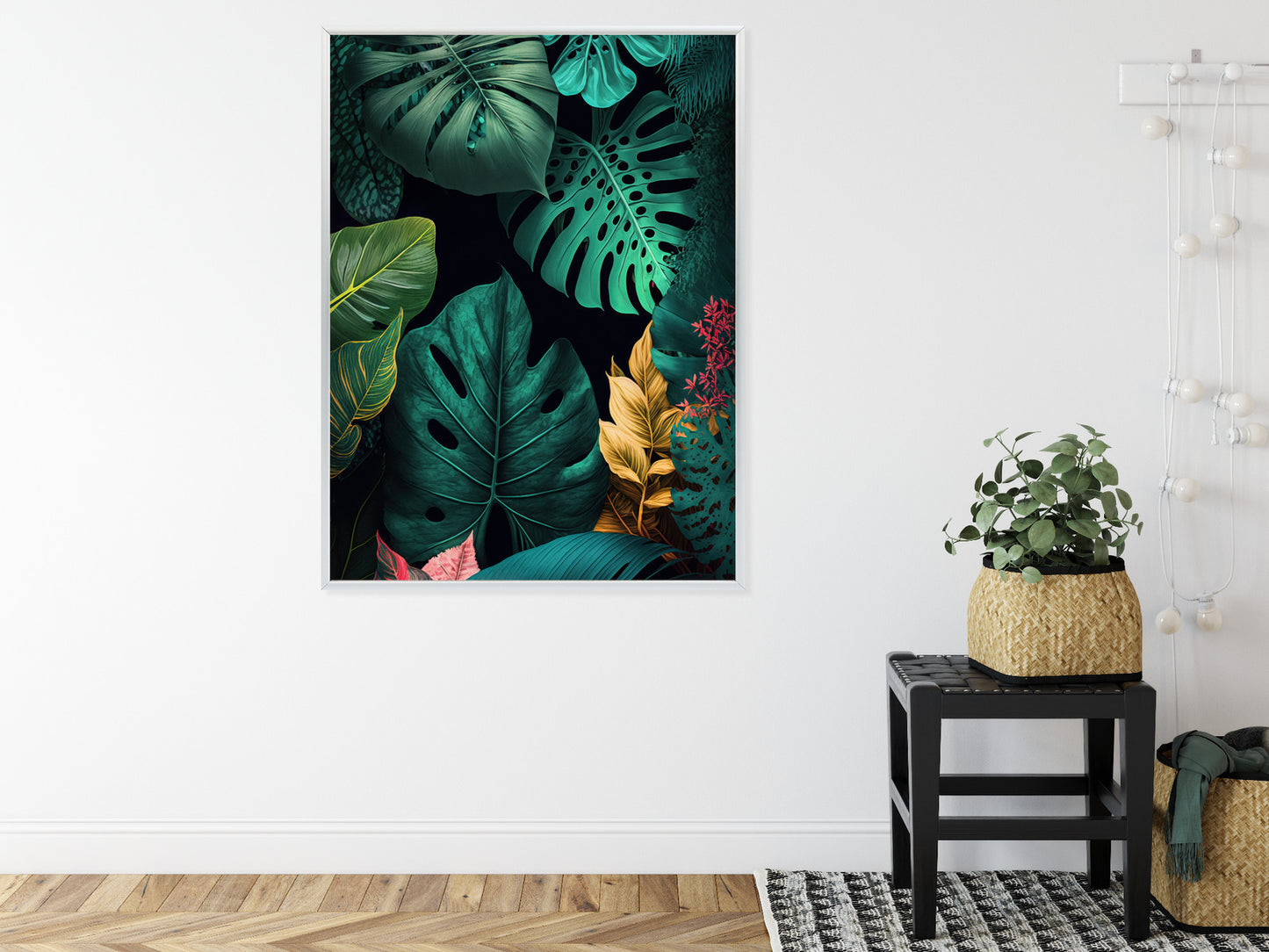 Poster Große Tropische Blätter Auf Schwarzem Hintergrund