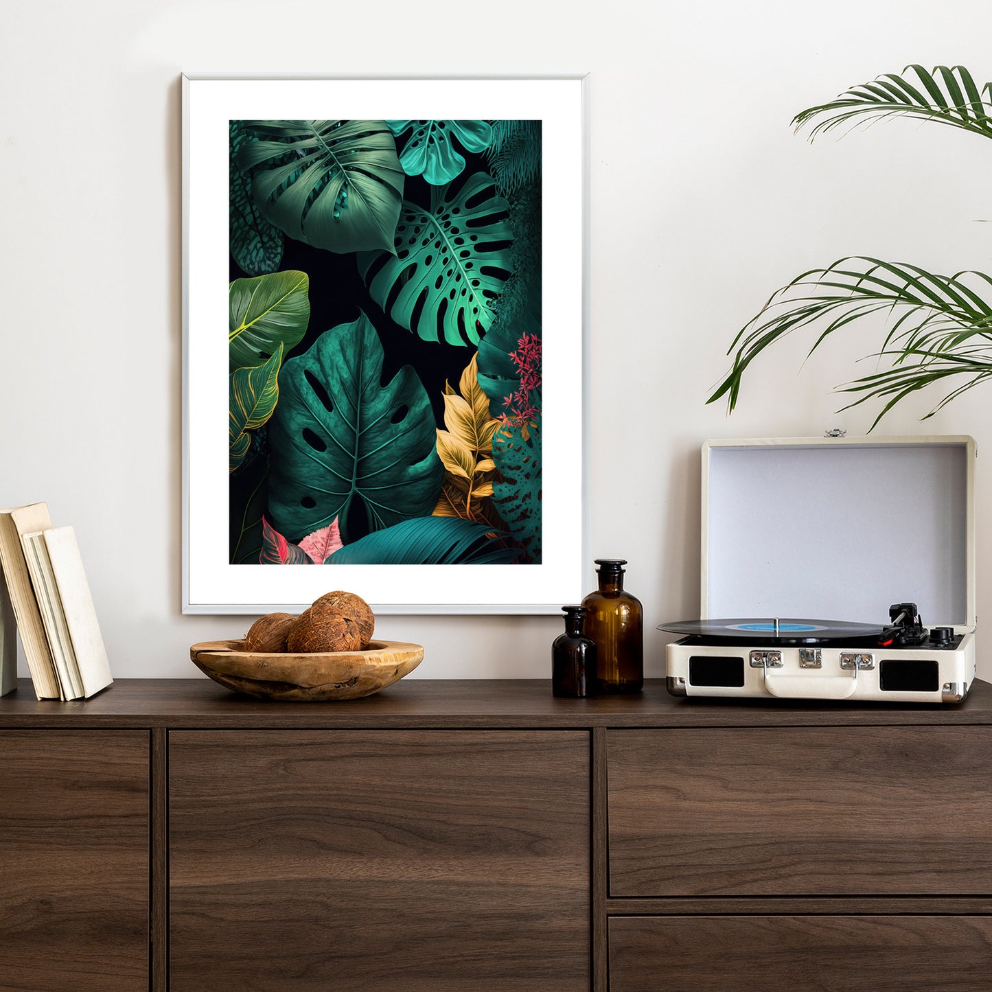 Poster Große Tropische Blätter Auf Schwarzem Hintergrund