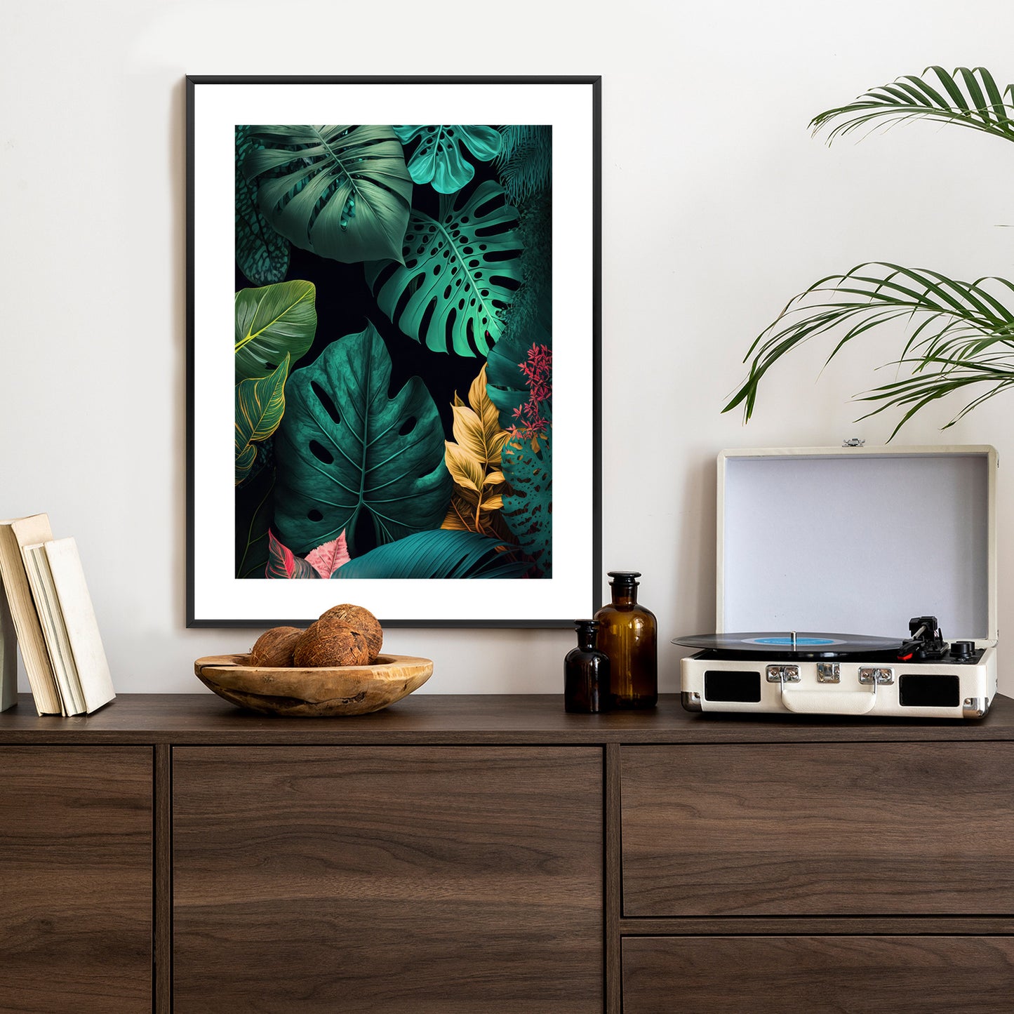 Poster Große Tropische Blätter Auf Schwarzem Hintergrund