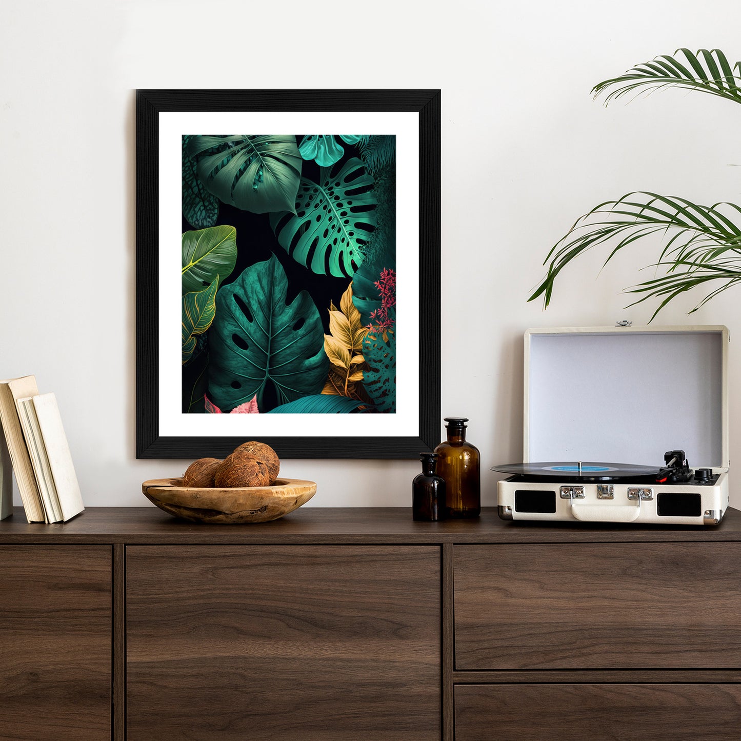 Poster Große Tropische Blätter Auf Schwarzem Hintergrund