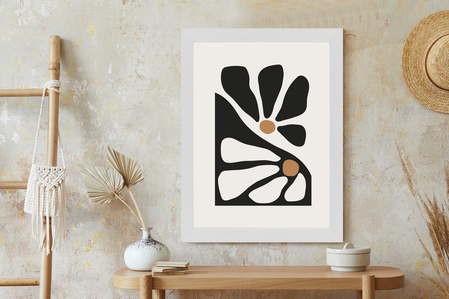 Poster Minimalistische Zweifarbige Blumen Rahmen Holz Mit Passepartout Farbe Natürlich