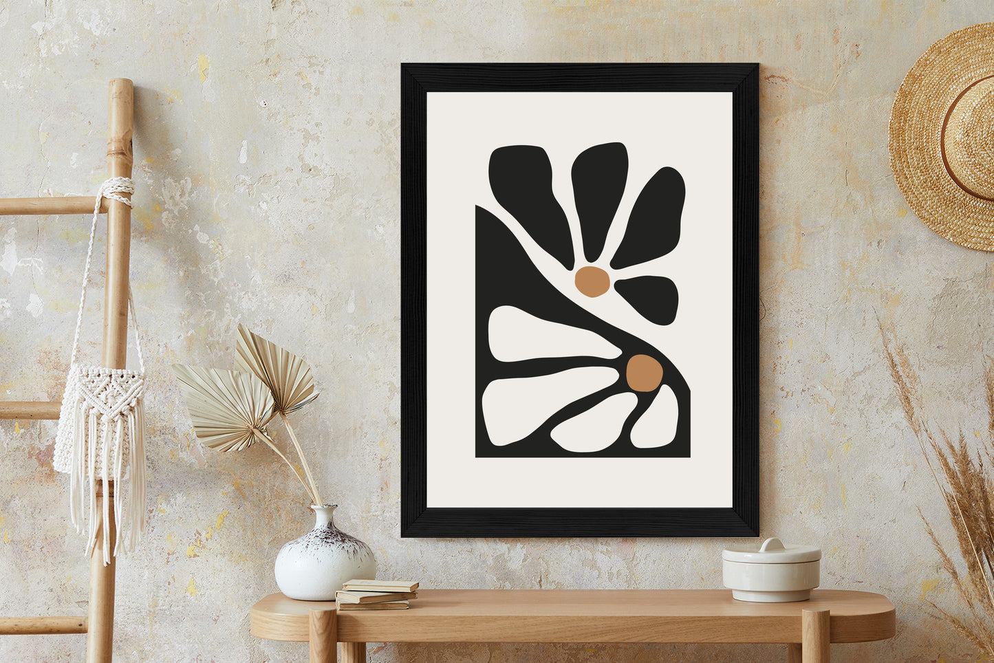Poster Minimalistische Zweifarbige Blumen Rahmen Holz Mit Passepartout Farbe Natürlich