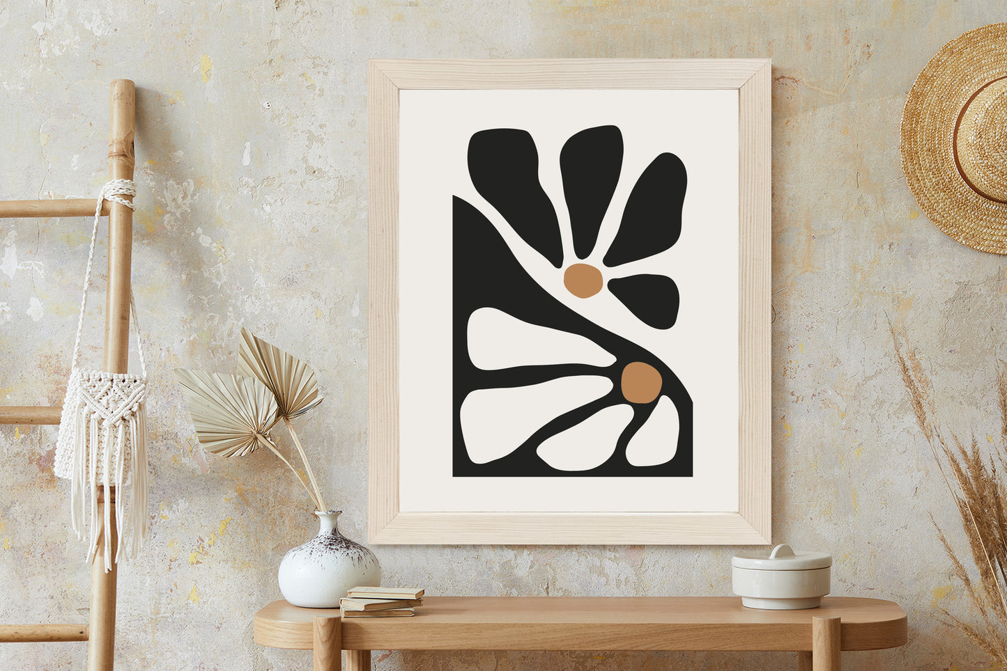 Poster Minimalistische Zweifarbige Blumen Rahmen Holz Mit Passepartout Farbe Natürlich