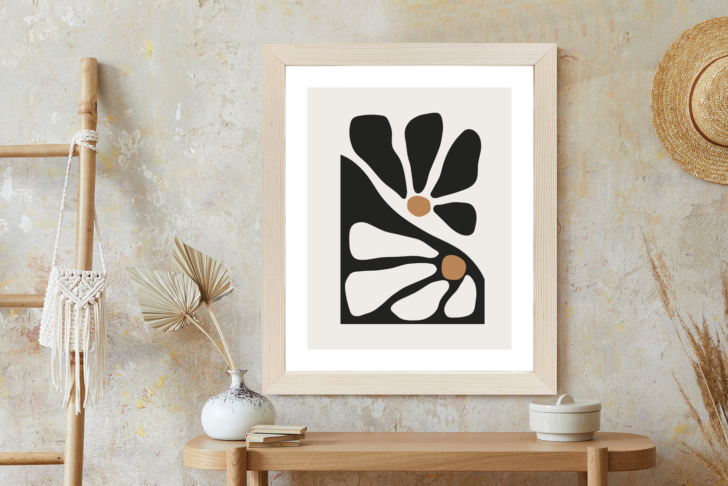 Poster Minimalistische Zweifarbige Blumen Rahmen Holz Mit Passepartout Farbe Natürlich