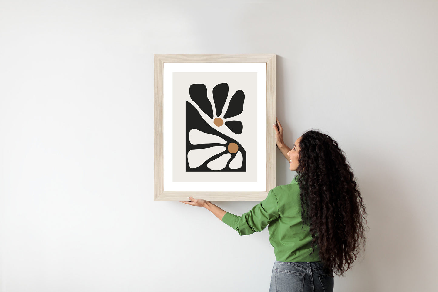 Poster Minimalistische Zweifarbige Blumen Rahmen Holz Mit Passepartout Farbe Natürlich